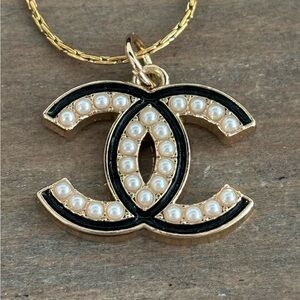 Upcycled CC Chanel Pendant Black/Pearl Necklace -Stamped, Gold, 18 in.